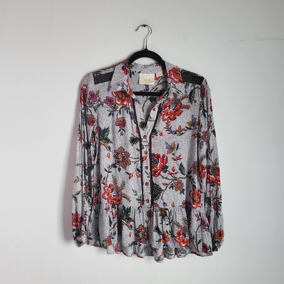 Maeve Button Down Blouse Womens 0 Gray Black Red Floral Peplum Hem Boho Business - Picture 1 of 13